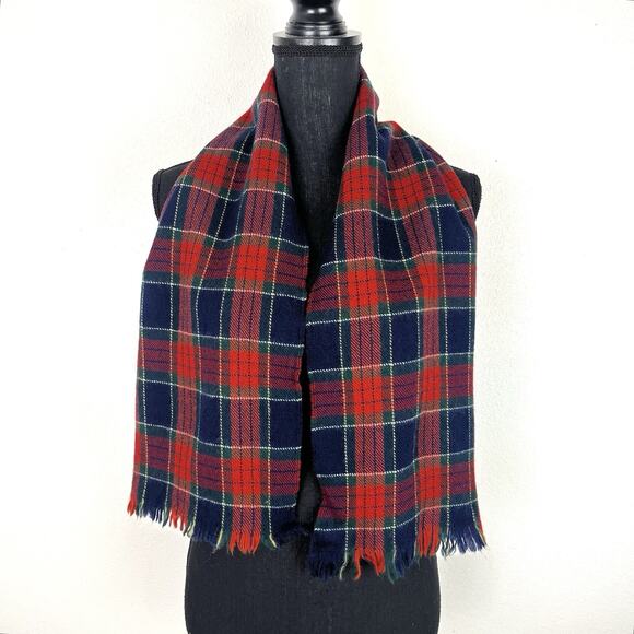 Vintage Glentex Scarf Mens Zephyr Wool Plaid Blue Red Fringe Tartan 11x48 - Picture 2 of 5